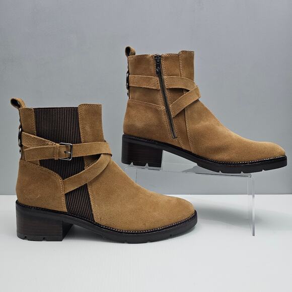 NEW Donald Pliner Savvy Ankle Bootie Womens 11 Tan Suede Chelsea Lug Sole Fall - Picture 3 of 14